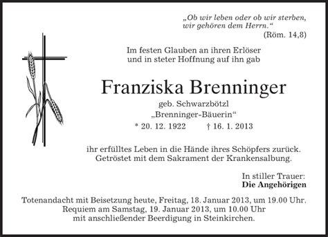 Traueranzeigen Von Franziska Brenninger Trauer Merkur De