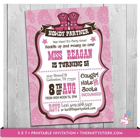 Cowgirl Invitation Printable Girls Birthday Party Invitations Etsy