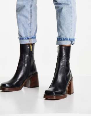 Asos Design Region Leather Mid Heel Boots In Black Asos