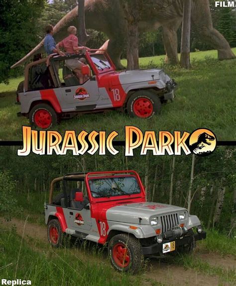 Two Pictures Of People Riding In A Jeep With An Elephant Behind Them And The Words Jurasic Park