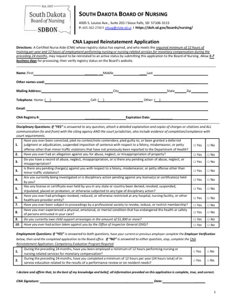 South Dakota Cna Lapsed Reinstatement Application Fill Out Sign