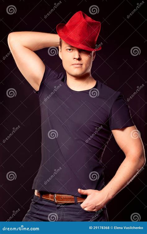 Handsome Man Wearing Red Hat Stock Photo Image Of Muscular Party