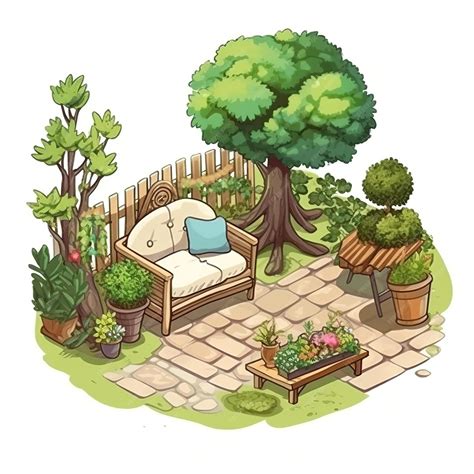 Premium Photo | A cartoon drawing of a garden with a blue pillow on it