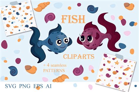 Fish cliparts and marine seamless patterns. Kids collection. By Elena ...