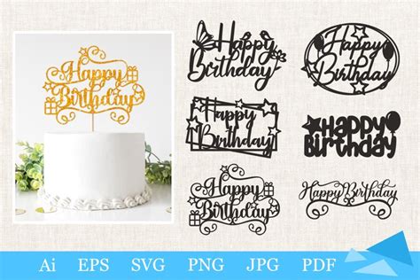 6 Different Designs Of Happy Birthday Cake Topper Bundle