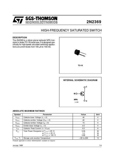 2N2369 Datasheet Silicon Planar Epitaxial NPN Transistor