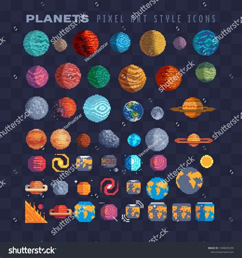 Sci-fi planets pixel art 80s style set. 8-bit sprites. Solar system ...