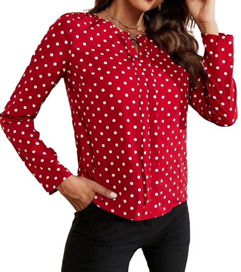 Womens Blouse Tops Polka Dot Notched Neck Blouse Burgundy L Walmart