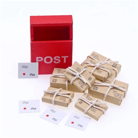 1set Dollhouse Miniature Letter Box Red Post Mailbox With Mail Sack