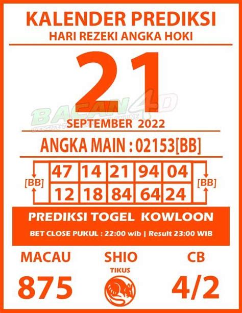 Kalender Prediksi Togel Kowloon September Bacan D