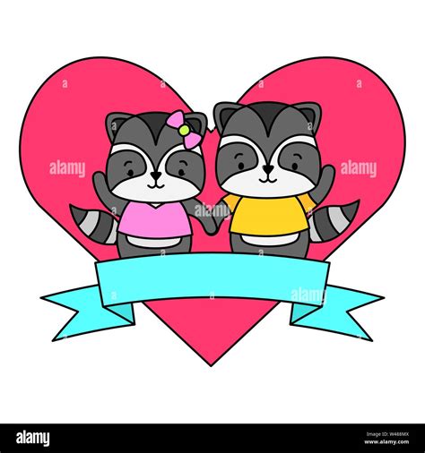 Cute Couple Raccoon Animals Heart Love Ribbon Stock Vector Image And Art