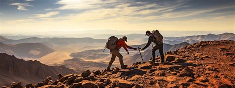 Premium Photo Group Of Four Hikers With Backpacks Walks In Mountains