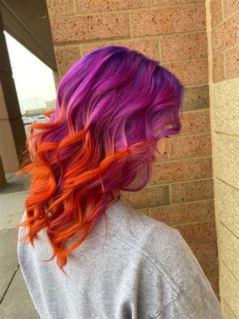 Purple Pink Orange Hair Ombré Sunset Sunrise Dying Dyed Colored Hair Orange Ombre Hair Pink And