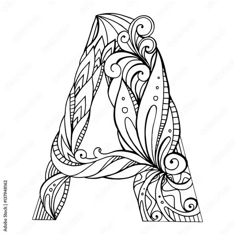 Black and white freehand drawing capital letter A with floral doodle ...