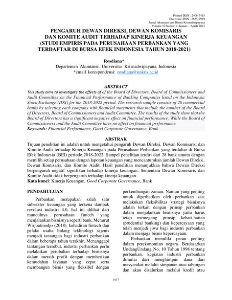 Pdf Pengaruh Dewan Direksi Dewan Komisaris Dan Komite Audit Terhadap