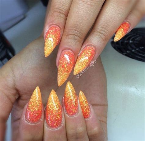 Sunset Inspired Glitter Stiletto Nails Bright Orange Nails Coral Nails