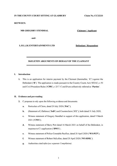 Stendhal Skeleton Arguments IN THE COUNTY COURT SITTING AT GLADBURY