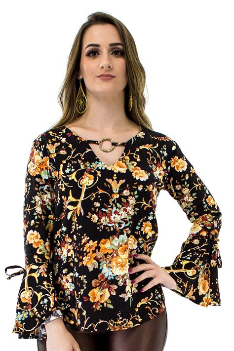 Blusa Manga Flare Estampa Floral Black Malharia Eliani