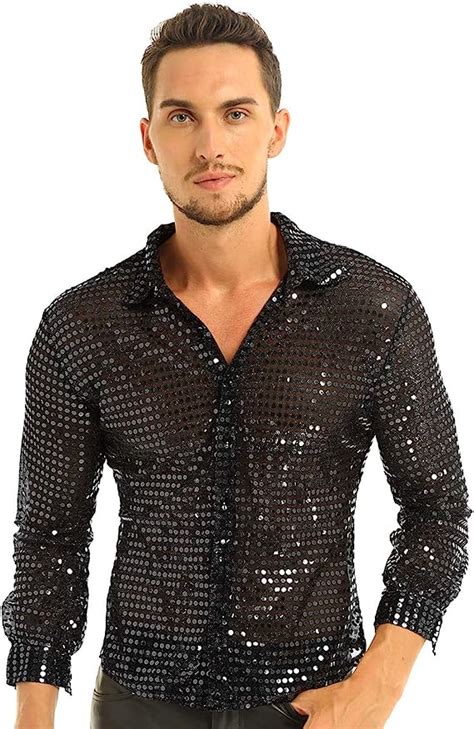 inhzoy Chemise disco à paillettes brillantes pour homme Manches