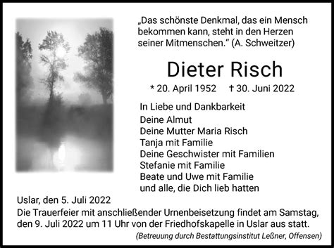 Traueranzeigen Von Dieter Risch Trauerhnade