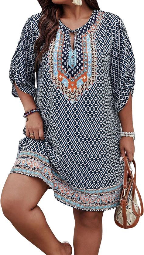 Soly Hux Women S Plus Size Geo Print Tie Neck Short Dress Summer Boho