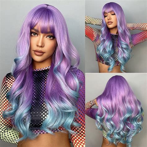 Long Wavy Purple Blue Synthetic Wig With Bangs Hairnjoy