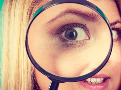 Woman Looking Through Magnifying Glass Stock Photo Image Of Glass