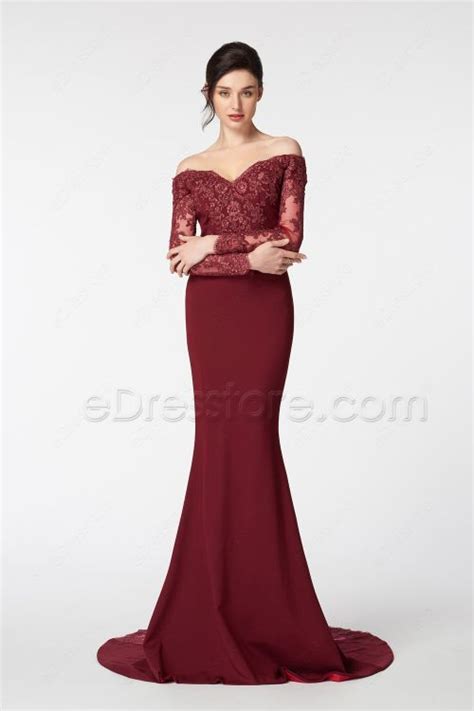 Burgundy Off The Shoulder Mermaid Prom Dress Long Sleeves EDresstore