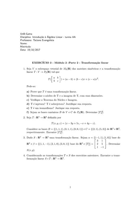 Exercício Transformação Linear UnB Gama Disciplina Introducao