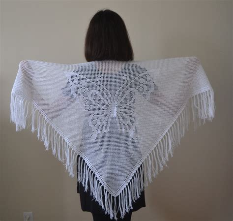 Cotton Crochet White Shawl With Butterfly Wedding Shawl