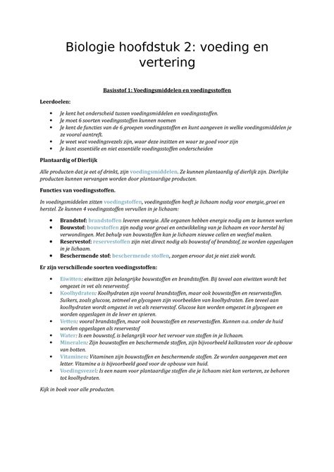 Samenvatting Hoofdstuk Biologie Hoofdstuk Voeding En Vertering