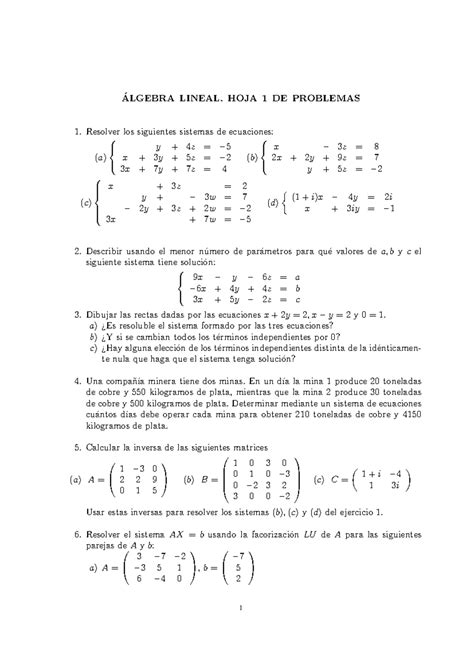 Hoja 1 de problemas Á Lgebra Lineal ALGEBRA LINEAL HOJA 1 DE