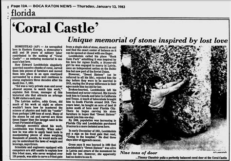 1983 Newspaper Article About Coral Castle And Edward Leedskalnin