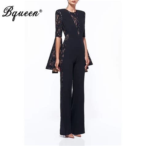 Bqueen Full Length Jumpsuits Fashion Solid Full Sleeve Flare Split Bodysuits Sexy Lace Hollow