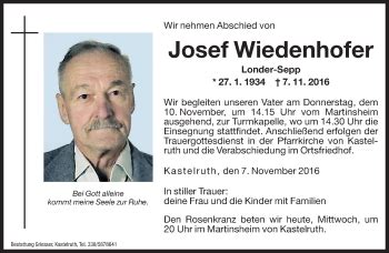 Traueranzeigen Von Josef Wiedenhofer Trauer Bz