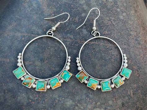 Medium Sized Hoops Turquoise Earrings By Navajo Annie Hoskie Native