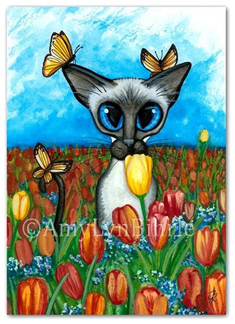 Mothers Day Siamese Cat Butterfly Whisper Tulip Flowers Spring Art