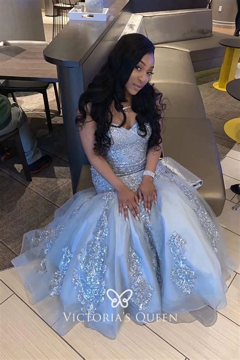 Glitter Lace Appliqued Ice Blue Satin Tulle Prom Gown VQ