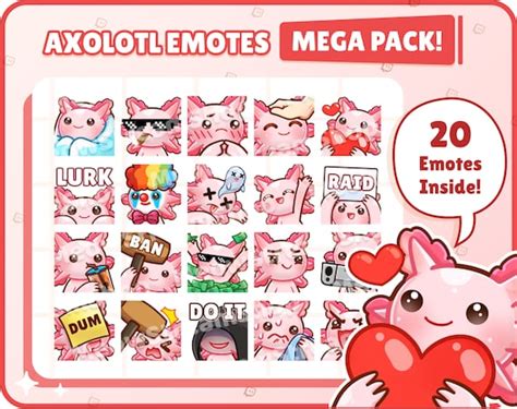 Twitch Emote Cute Axolotl Mega Pack Emotes 20 Emotes Ready Etsy