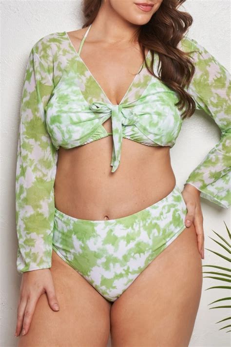 Wholesale Green Sexy Print Bandage V Neck Plus Size Swimsuit Three Piece Set With Paddings