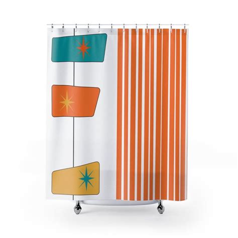 Mcm Mid Mod Bathroom Shower Curtain White Orange Yellow Abstract