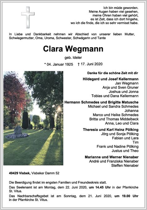 Traueranzeigen Von Clara Wegmann Om Trauer De