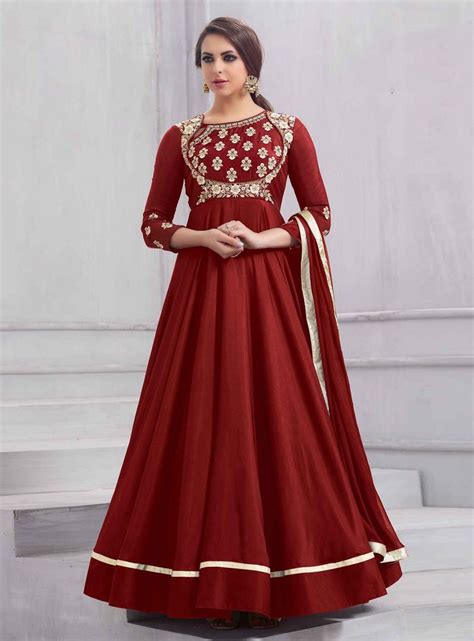 Red Taffeta Silk Readymade Long Anarkali Suit 136795 Silk Anarkali