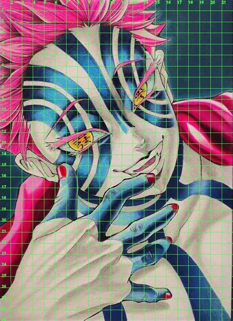 A Drawing Of A Person With Pink Hair And Blue Makeup Holding His Hands