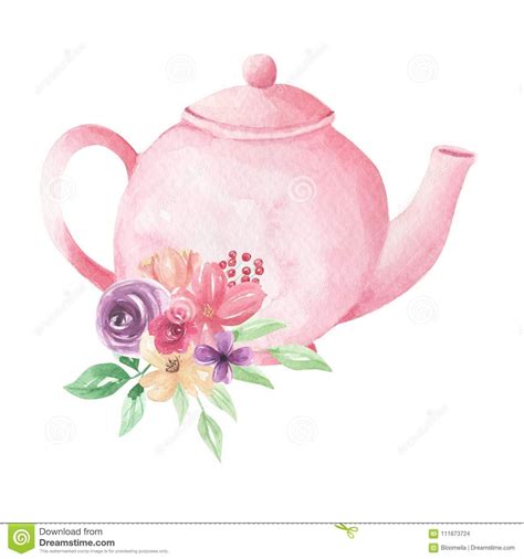 Pink Pastel Teapot Flowers Watercolor Foliage Afternoon Tea Floral Arrangement Stock ...