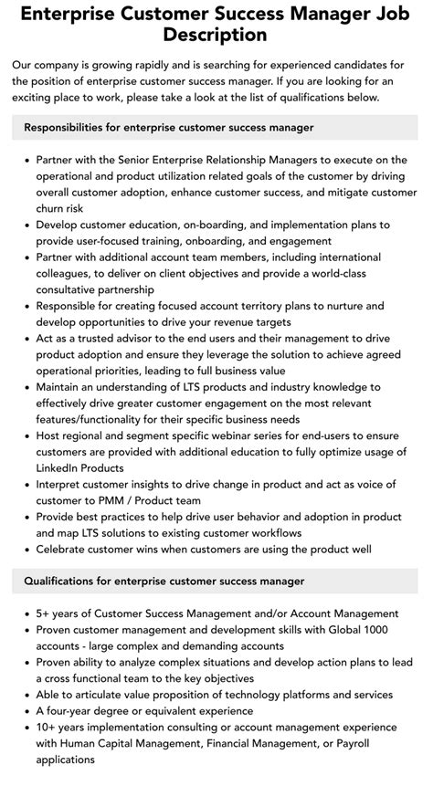 Enterprise Customer Success Manager Job Description Velvet Jobs