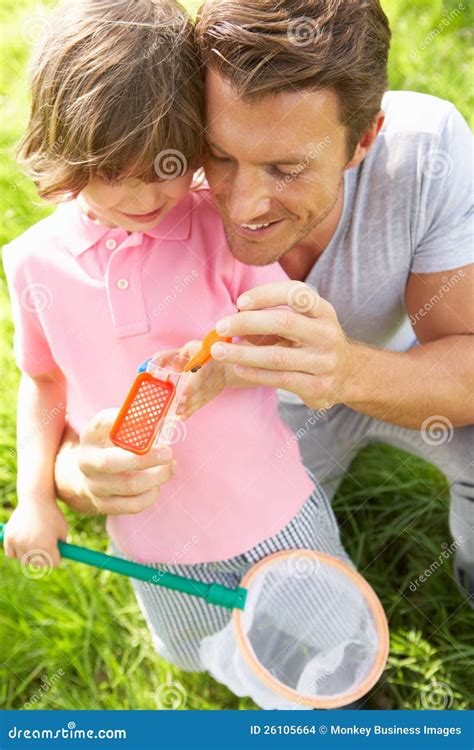 Father And Son In Field With Net And Bug Catcher Stock Photo Image Of