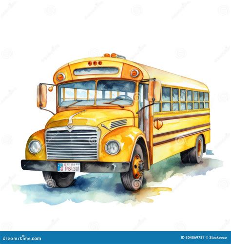 Nostalgic Realism Detailed Watercolor School Bus Clipart Stock