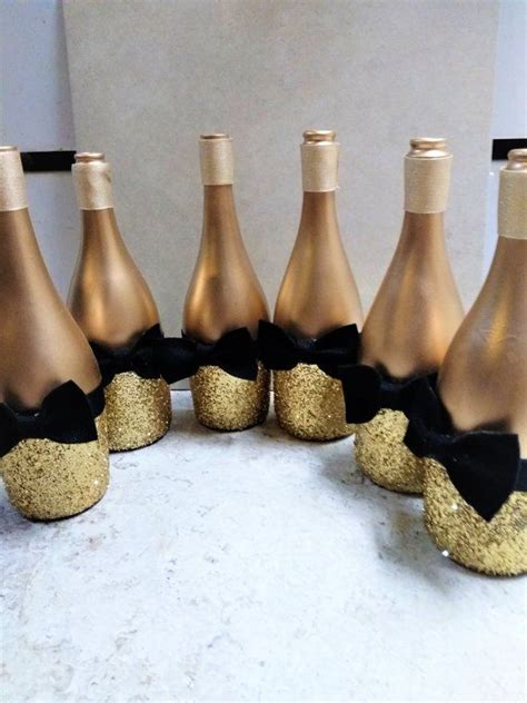 Gold Glitter Wine Bottle Decor With Bow Ties Wedding Table Decor Set