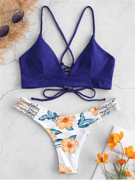 [25 Off] 2019 Zaful Lace Up Braided Flower Bikini Set In Denim Dark